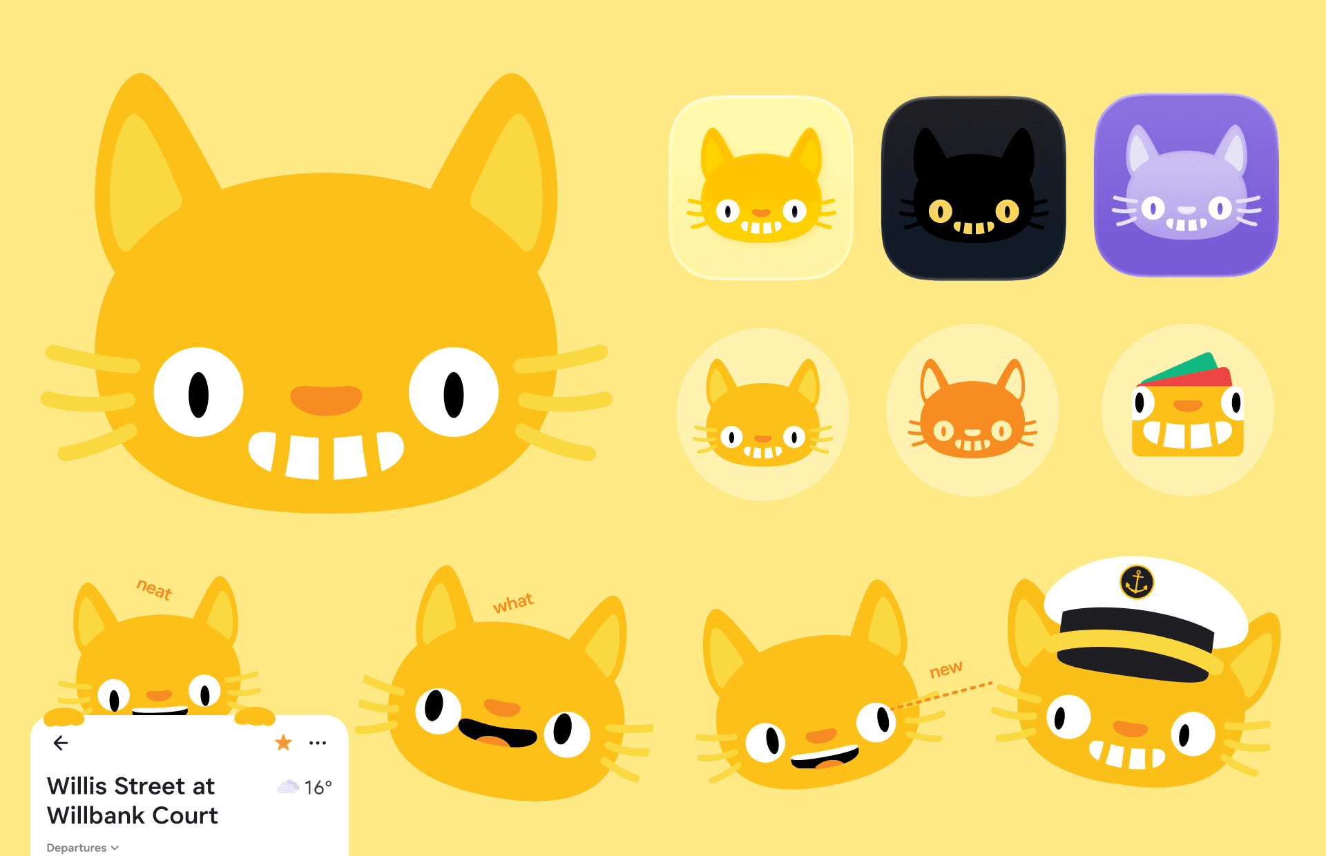 Catchy cat mascot and logo variations used across the app brand