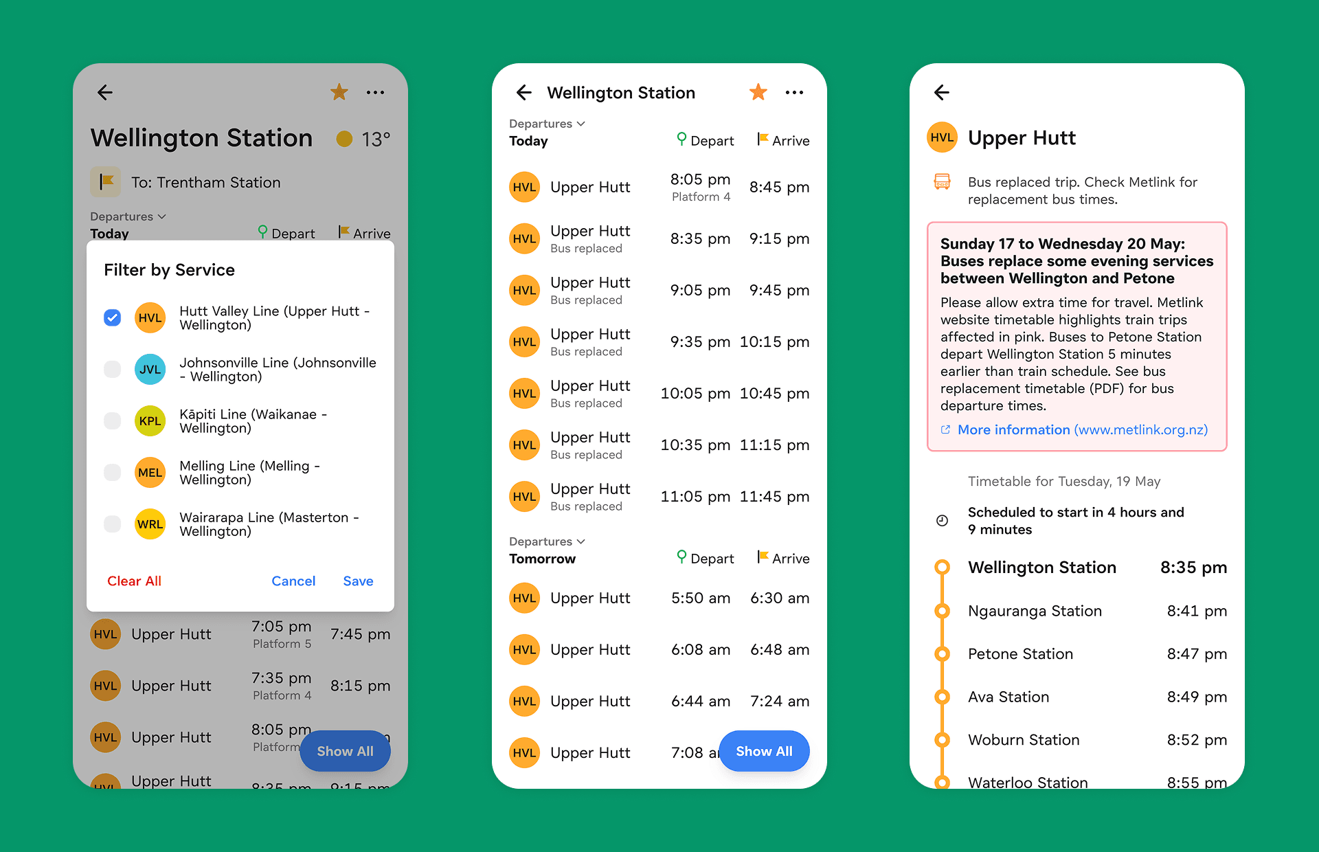 Catchy screens translating realtime updates, trip progress and transport alerts into clear commuter states