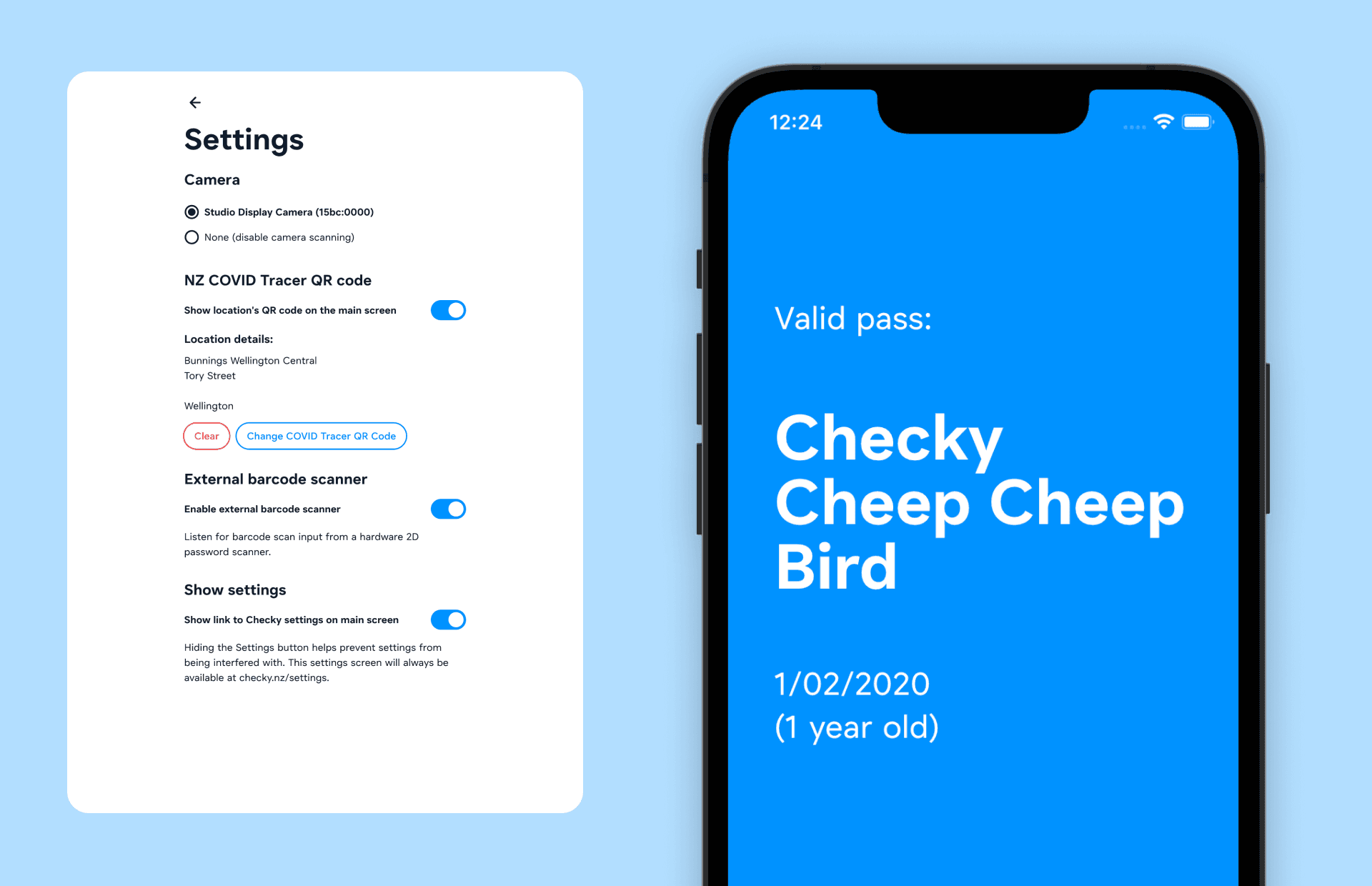 Checky scanner setup showing front-facing camera, external scanner support and venue fallback states