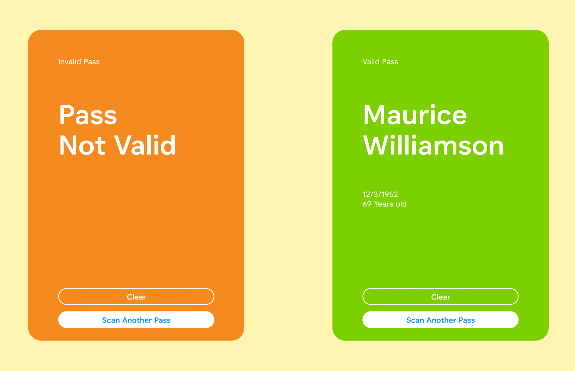 Checky full-screen valid and invalid pass states designed to be read from a distance
