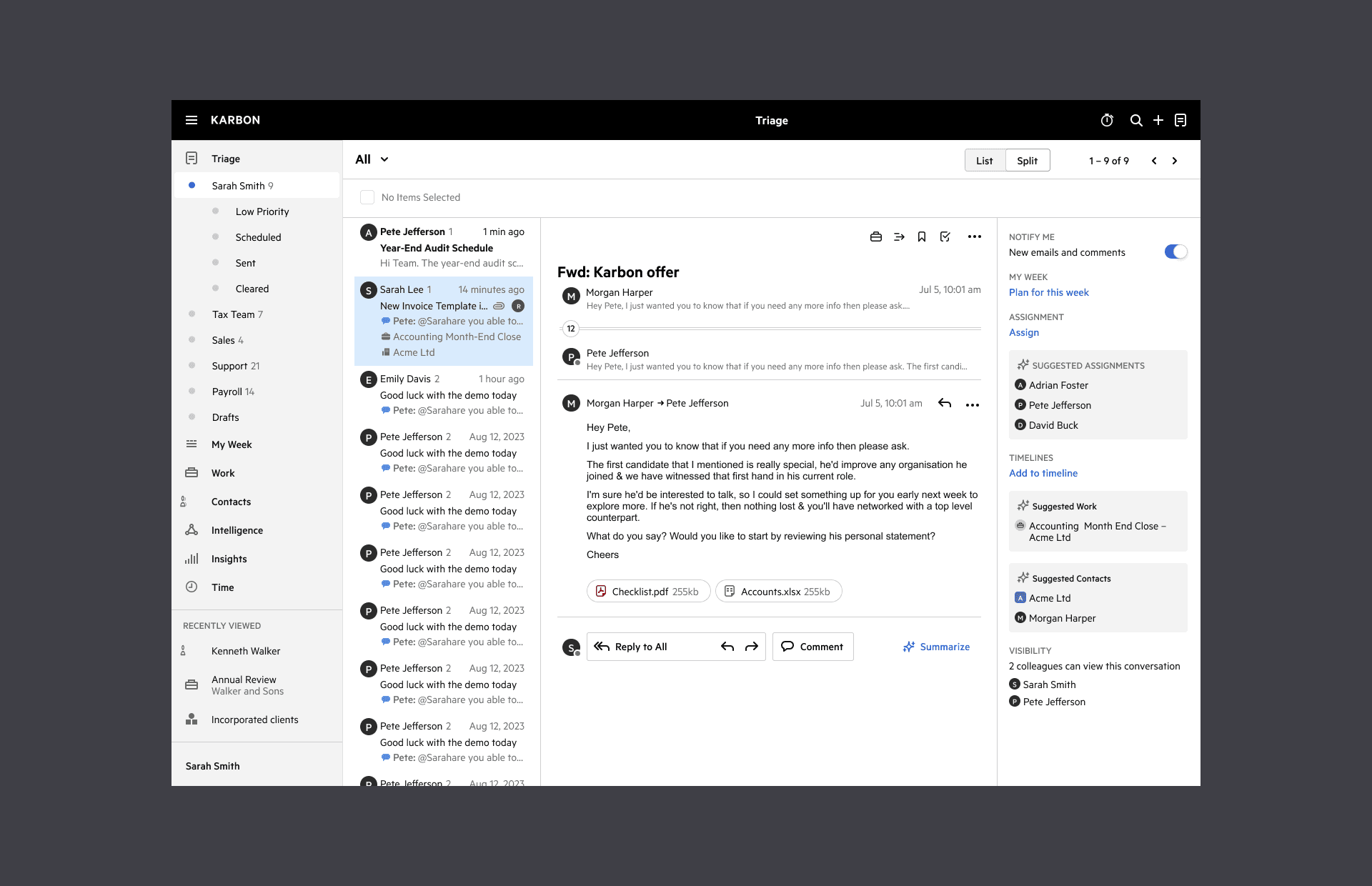 Karbon Triage split view with list, message and context columns visible together