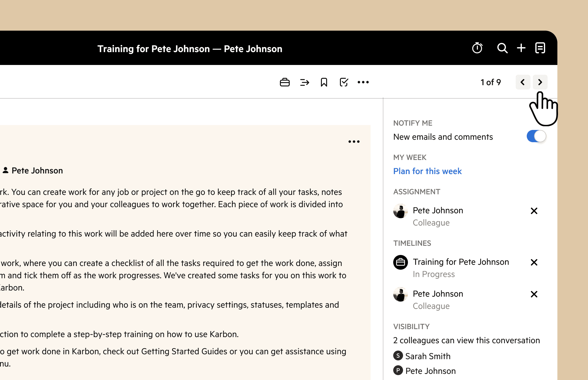 Karbon Triage email workflow showing faster loading, return-to-conversation behaviour and expanded message states